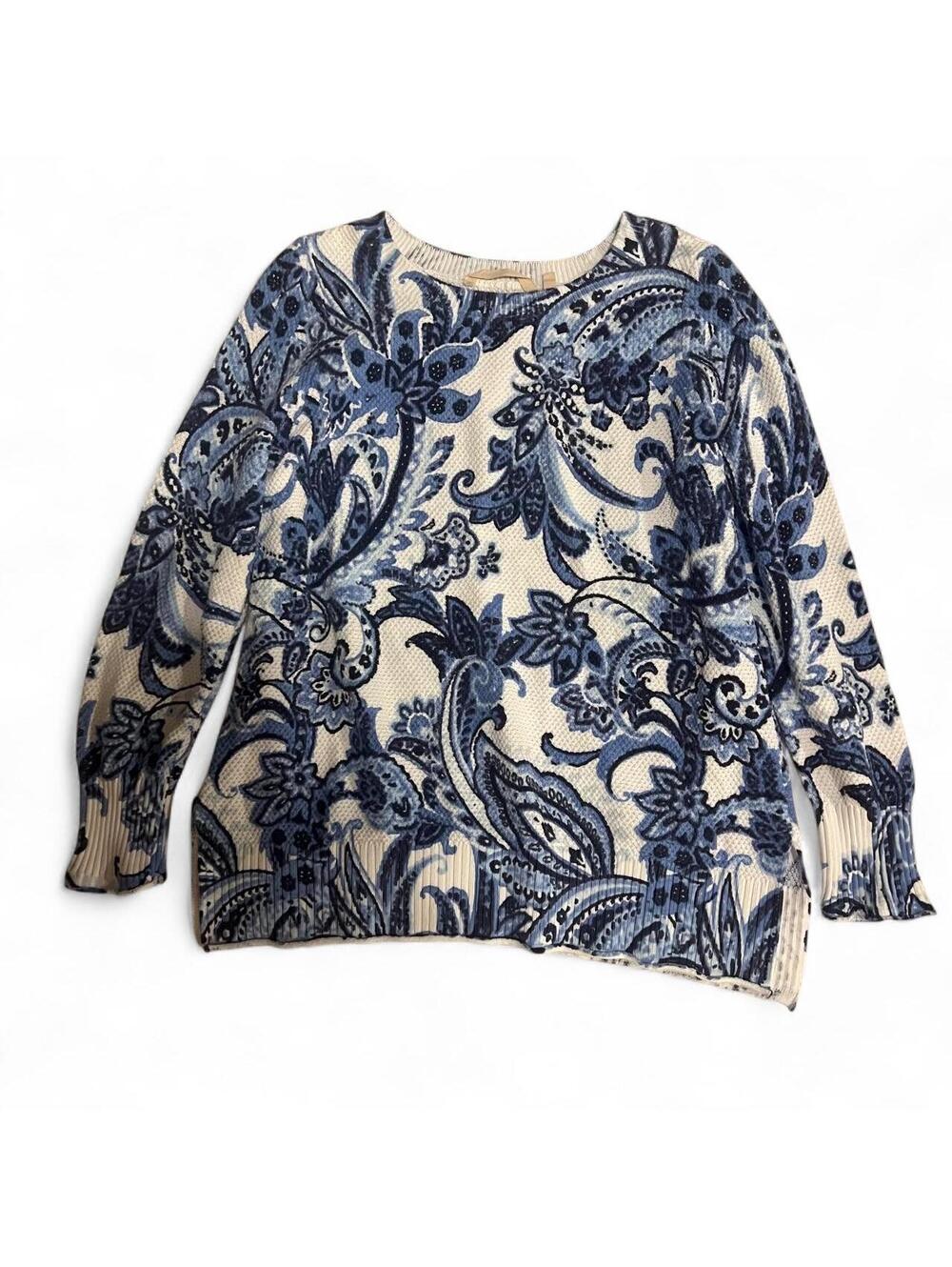 Soft Surroundings Grandma Sweater Blue Multi 100% Cotton Women's Sweater